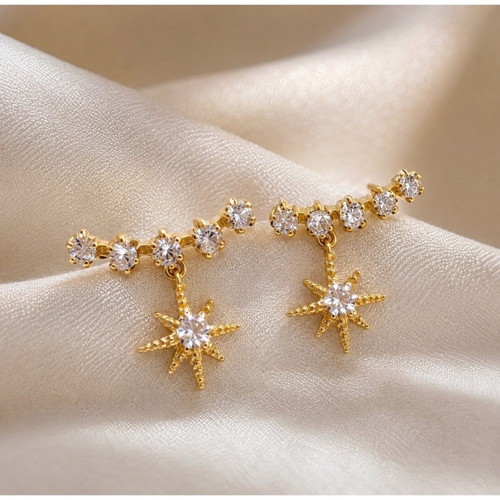 Gold Starburst CZ Drop‎ Earrings Dainty Celestial Earrings New